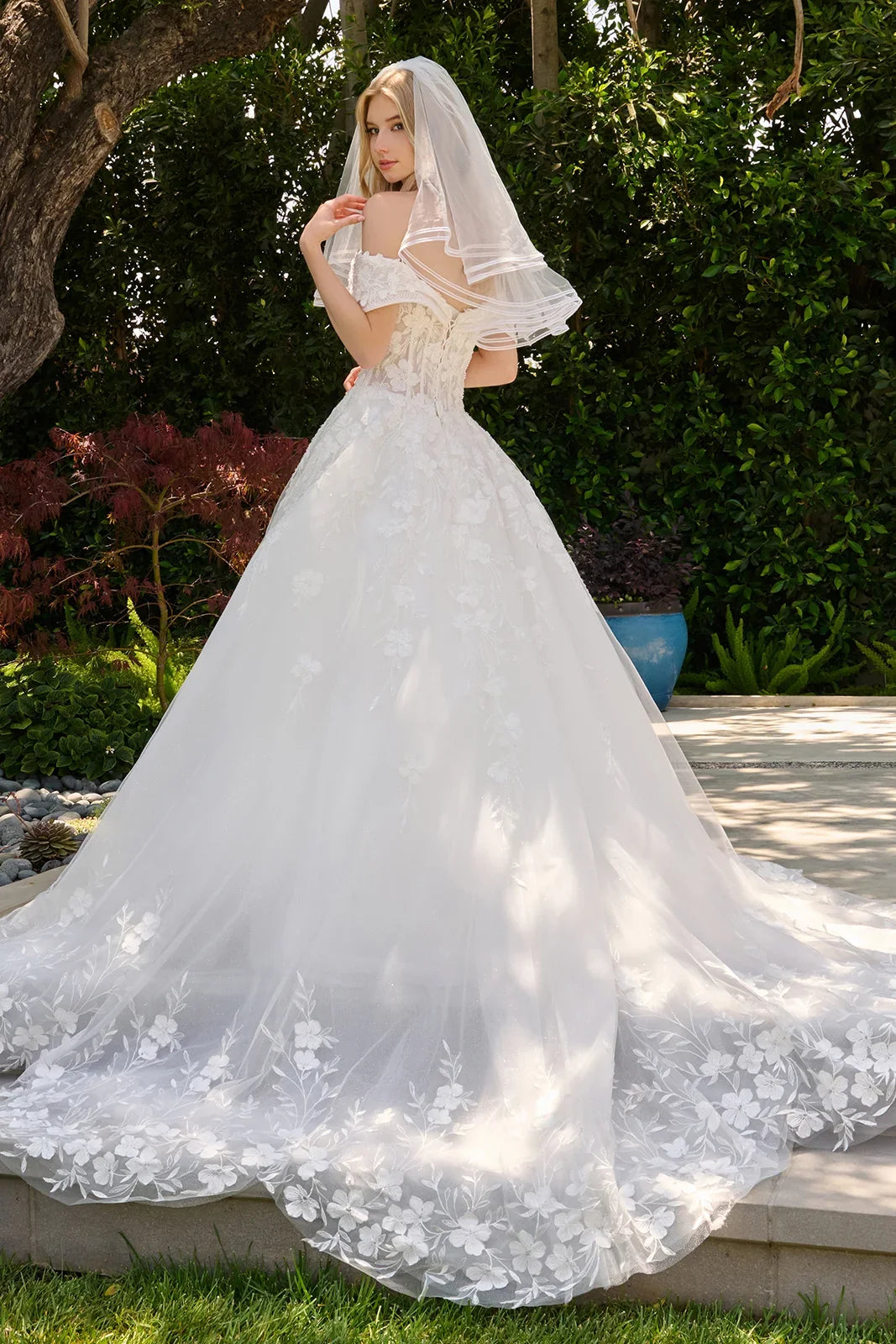 Two Layered Fold Over Off Shoulder V Neckline Glitter Underlayer Ballgown Wedding Dress With Veil-2