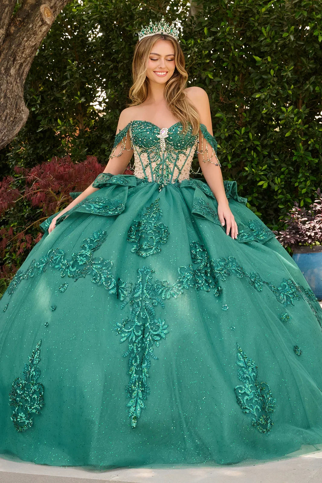 Dangling Beads Detachable Off Shoulder Layered Ballgown With Detachable Bow And Bejeweled Grommets-0