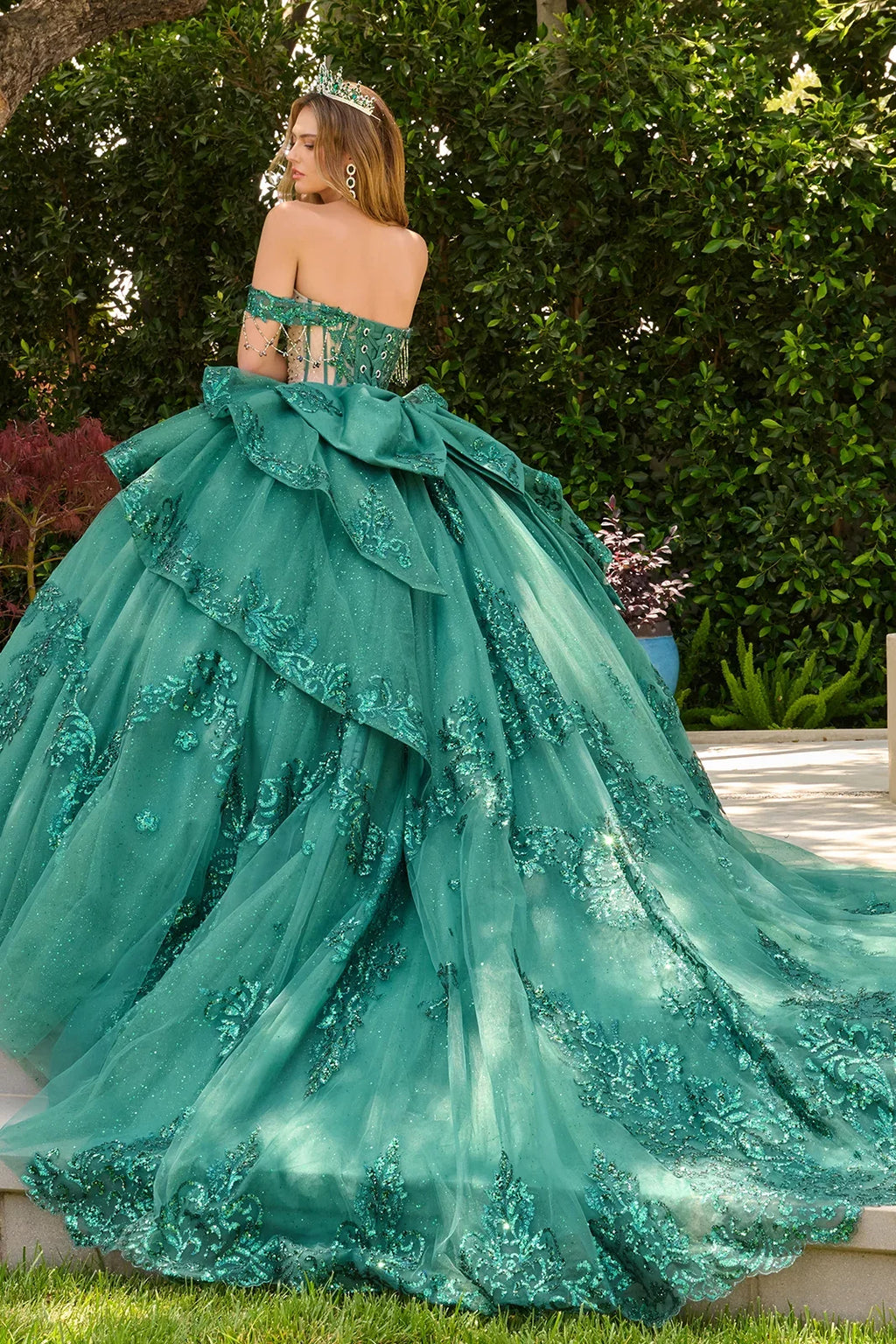 Dangling Beads Detachable Off Shoulder Layered Ballgown With Detachable Bow And Bejeweled Grommets-1
