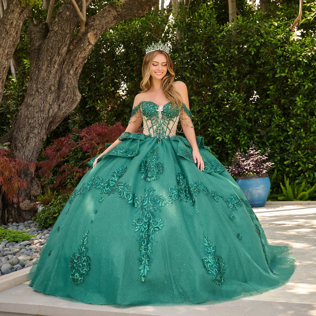 Dangling Beads Detachable Off Shoulder Layered Ballgown With Detachable Bow And Bejeweled Grommets-2