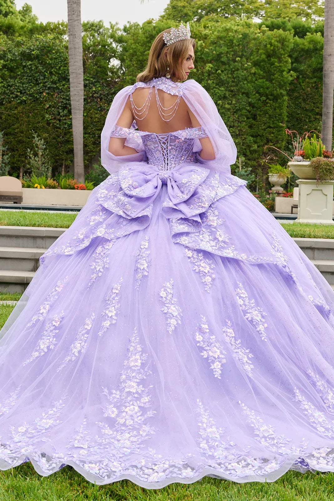 Off Shoulder Ruffled Overskirt Detachable Bow Ballgown With Matching Dangling Bead Bolero-1