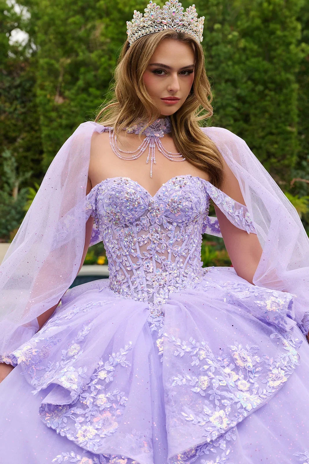 Off Shoulder Ruffled Overskirt Detachable Bow Ballgown With Matching Dangling Bead Bolero-2