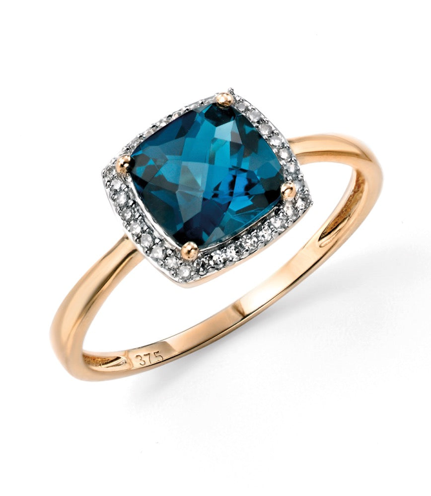Elements Gold Checkerboard London Blue Topaz Ring with Diamond Surround-0
