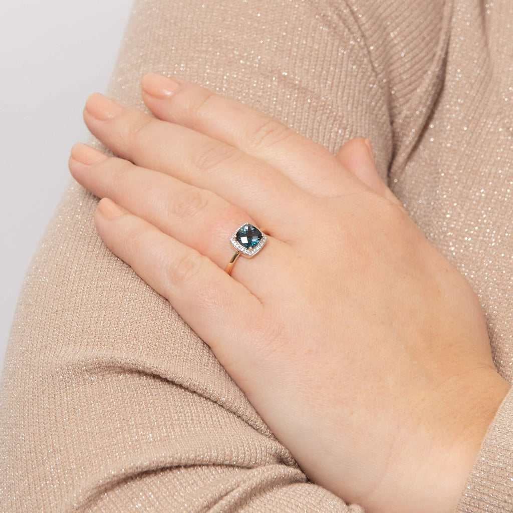 Elements Gold Checkerboard London Blue Topaz Ring with Diamond Surround-3