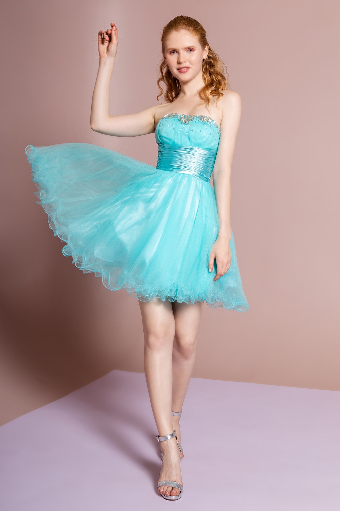 Sleeveless Sweetheart Beaded Tulle Short Dress with Pleated Satin Waistband-6