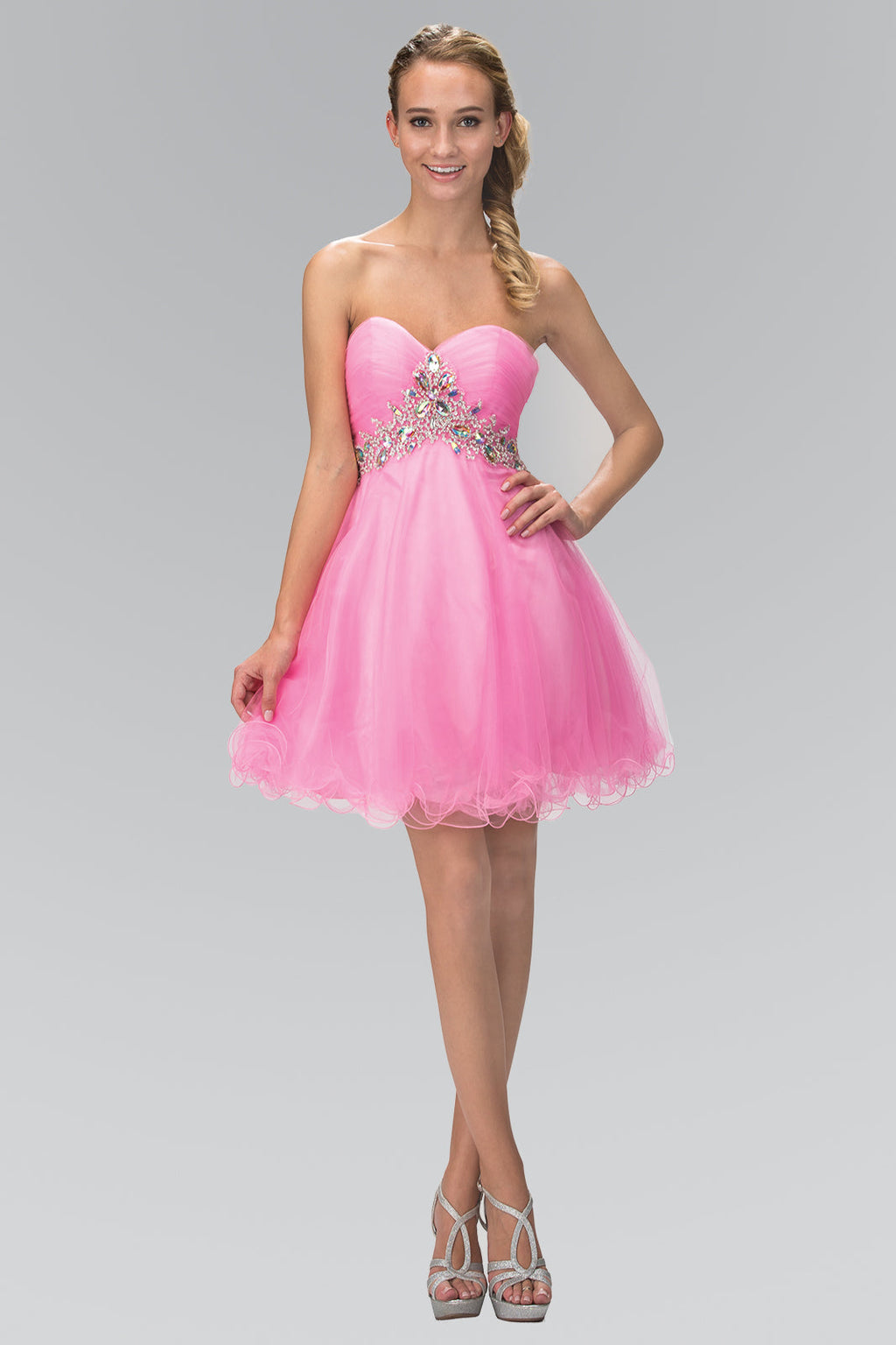 Strapless Sweetheart Tulle Short Dress Accented with Jewel-0