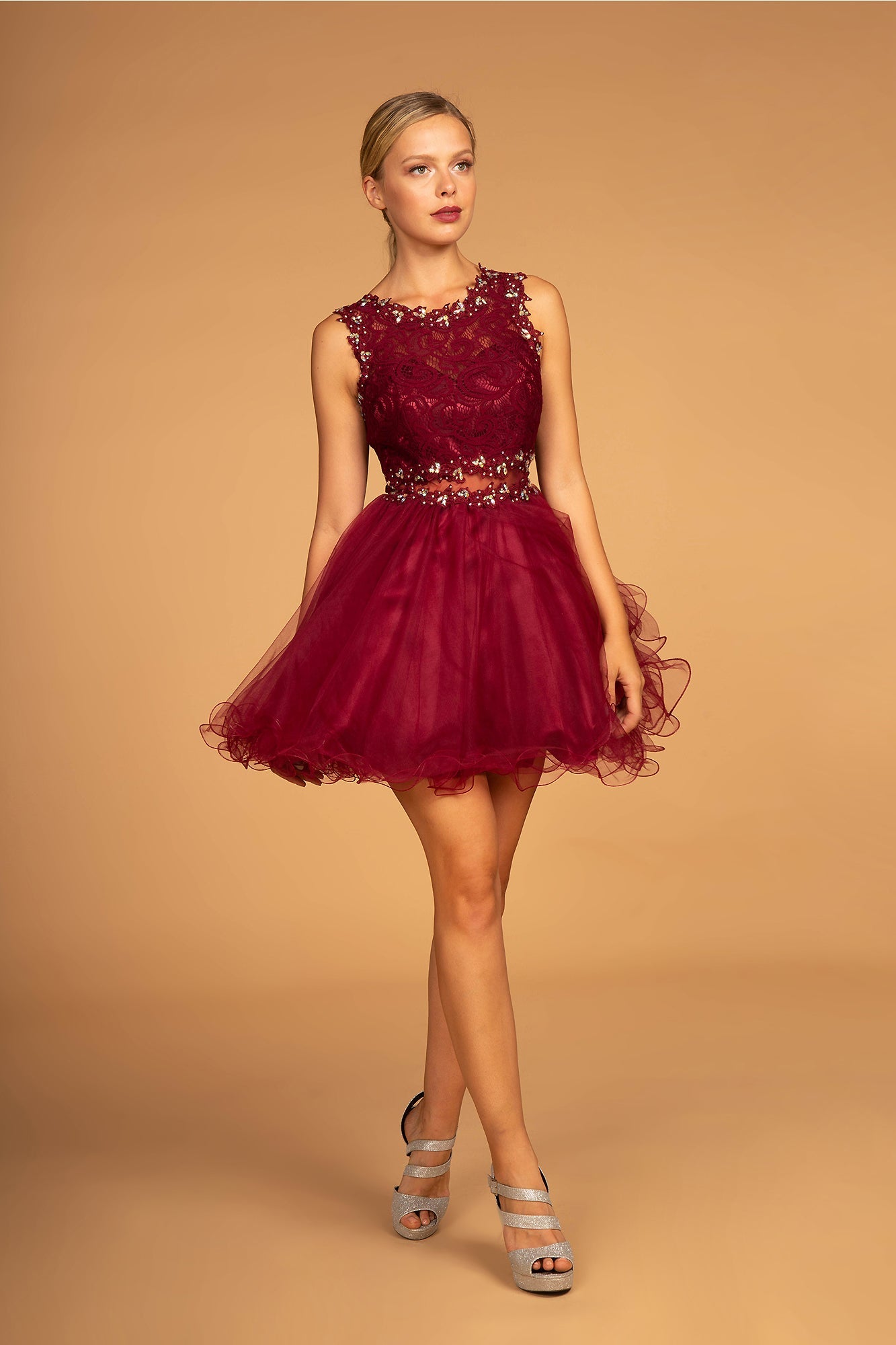Sleeveless Short Dress with Lace Bodice and Sheer Waistline-11