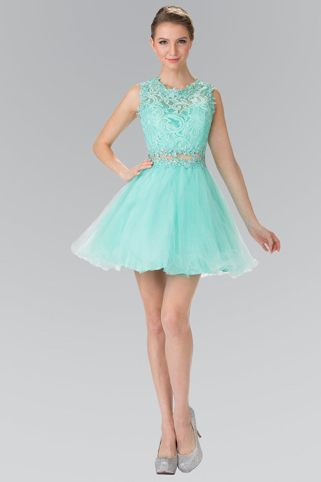 Sleeveless Short Dress with Lace Bodice and Sheer Waistline-7