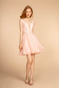 Jewel Embellished-Waist Illusion Deep V-Neck Chiffon Short Dress-0