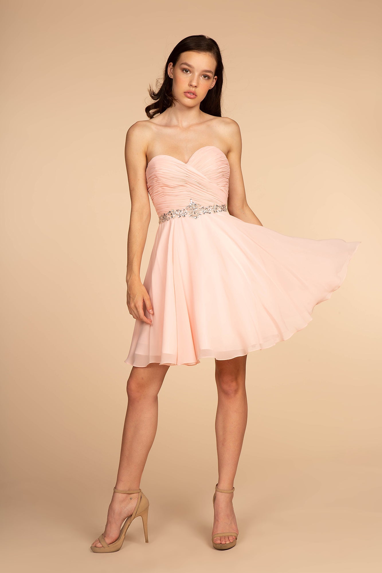 Ruched Strapless Sweetheart Chiffon Short Dress-4