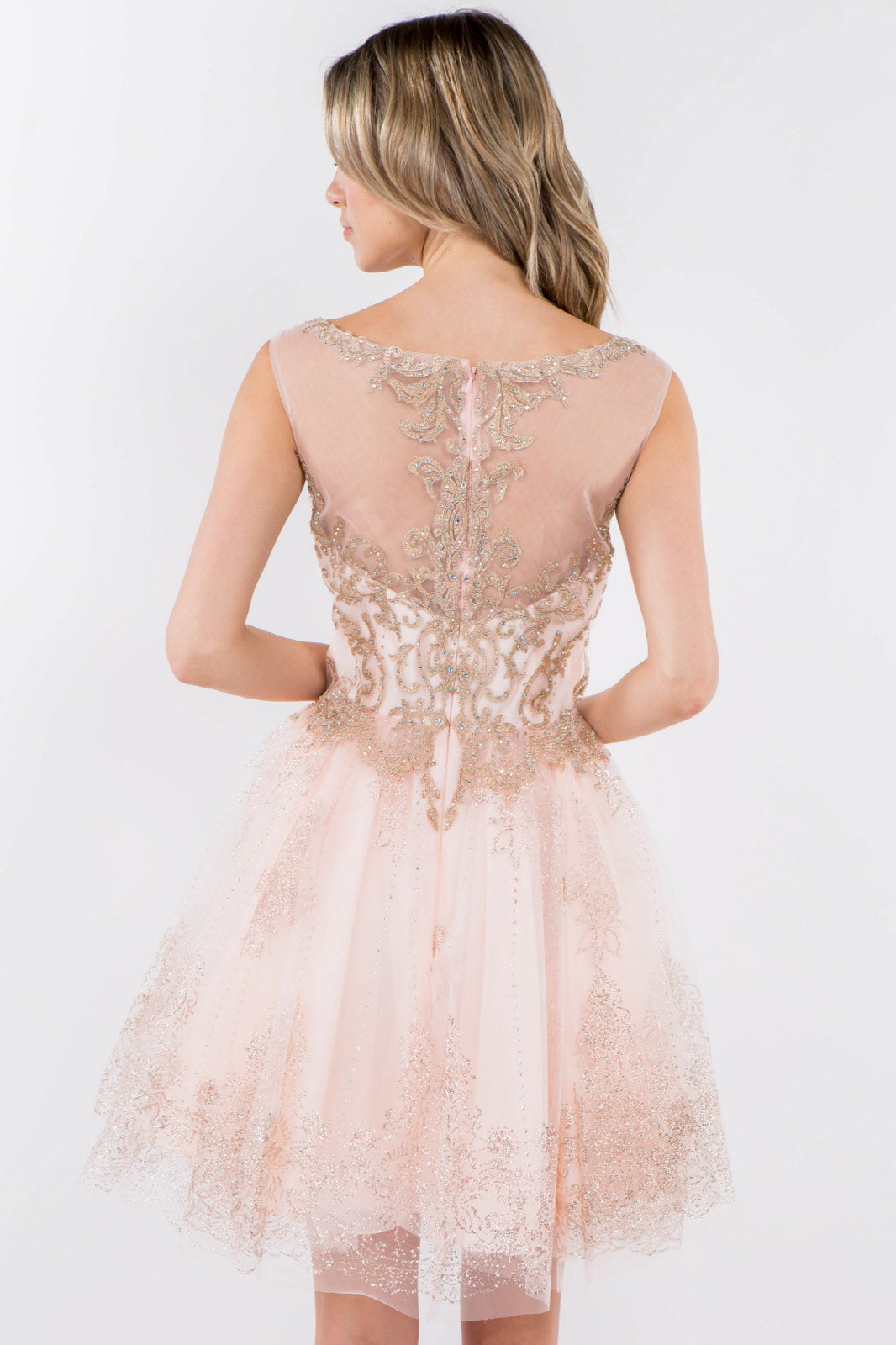 Embroidery Embellished Bodice Glitter Pattern Mesh Skirt Short Dress-6