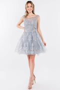 Embroidery Embellished Bodice Glitter Pattern Mesh Skirt Short Dress-5