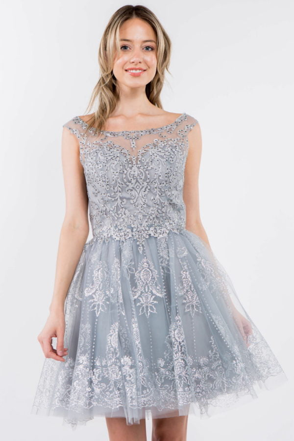 Embroidery Embellished Bodice Glitter Pattern Mesh Skirt Short Dress-5