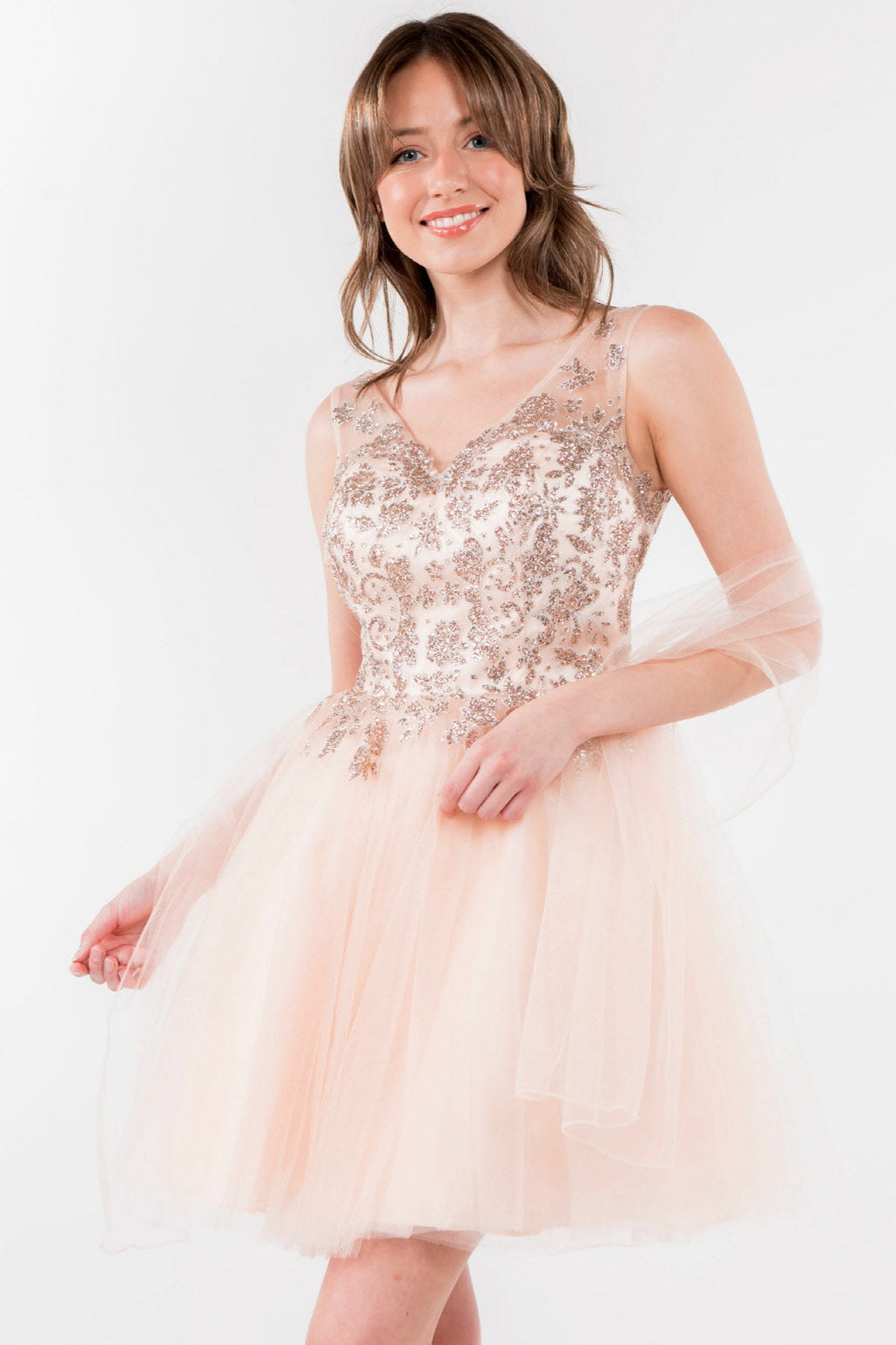 Glitter Embellished Bodice V-Neck Tulle Short Dress-2
