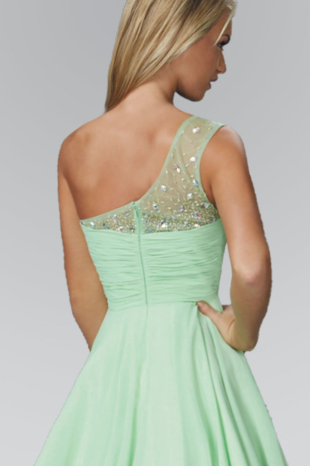 One Shoulder Chiffon Short Dress with Bead Detailing-1