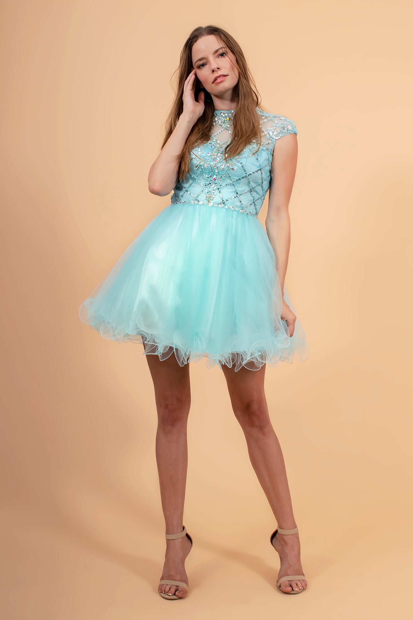 High Illusion Neck Cap Sleeve Short Dress-0