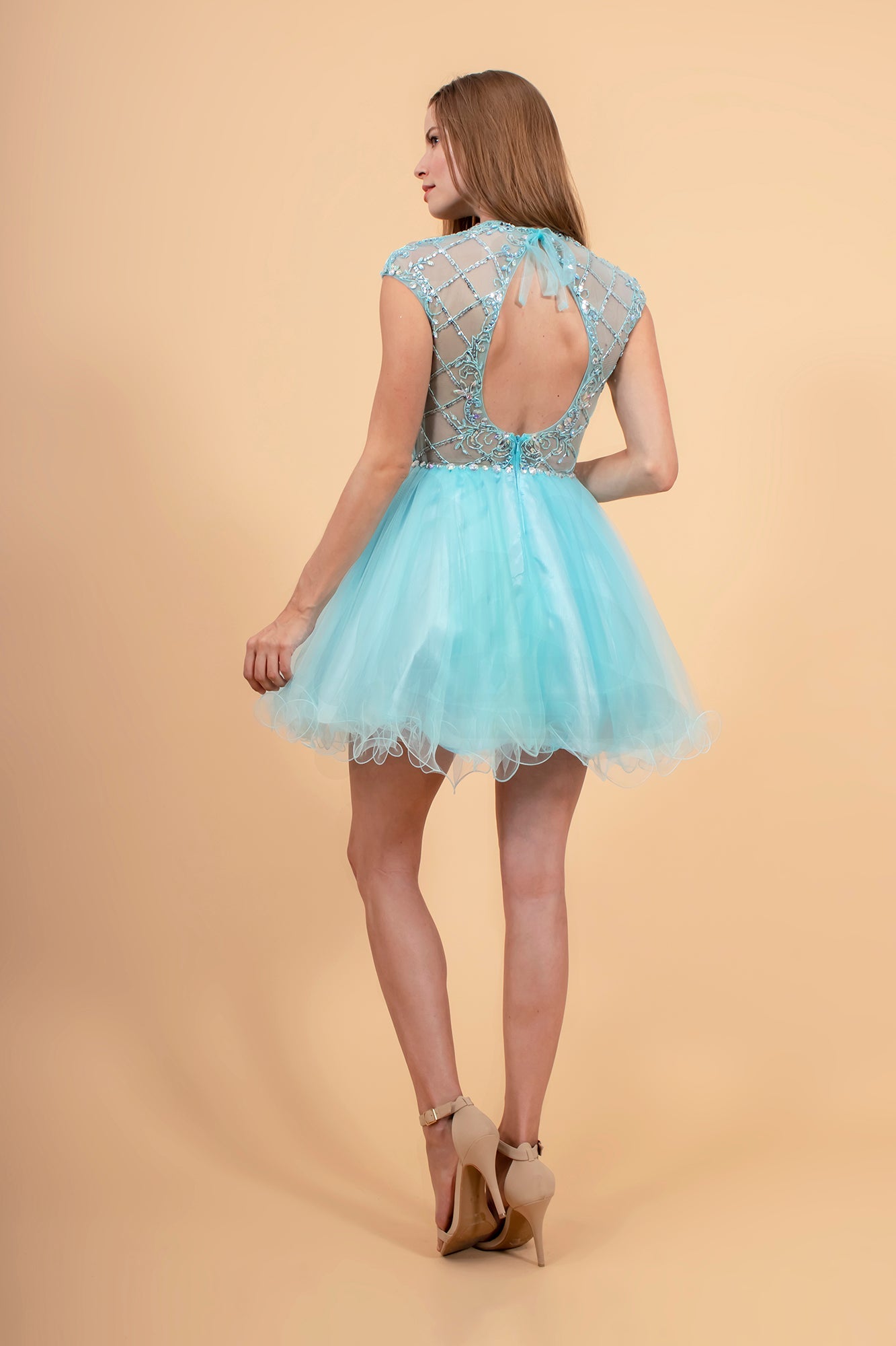 High Illusion Neck Cap Sleeve Short Dress-1