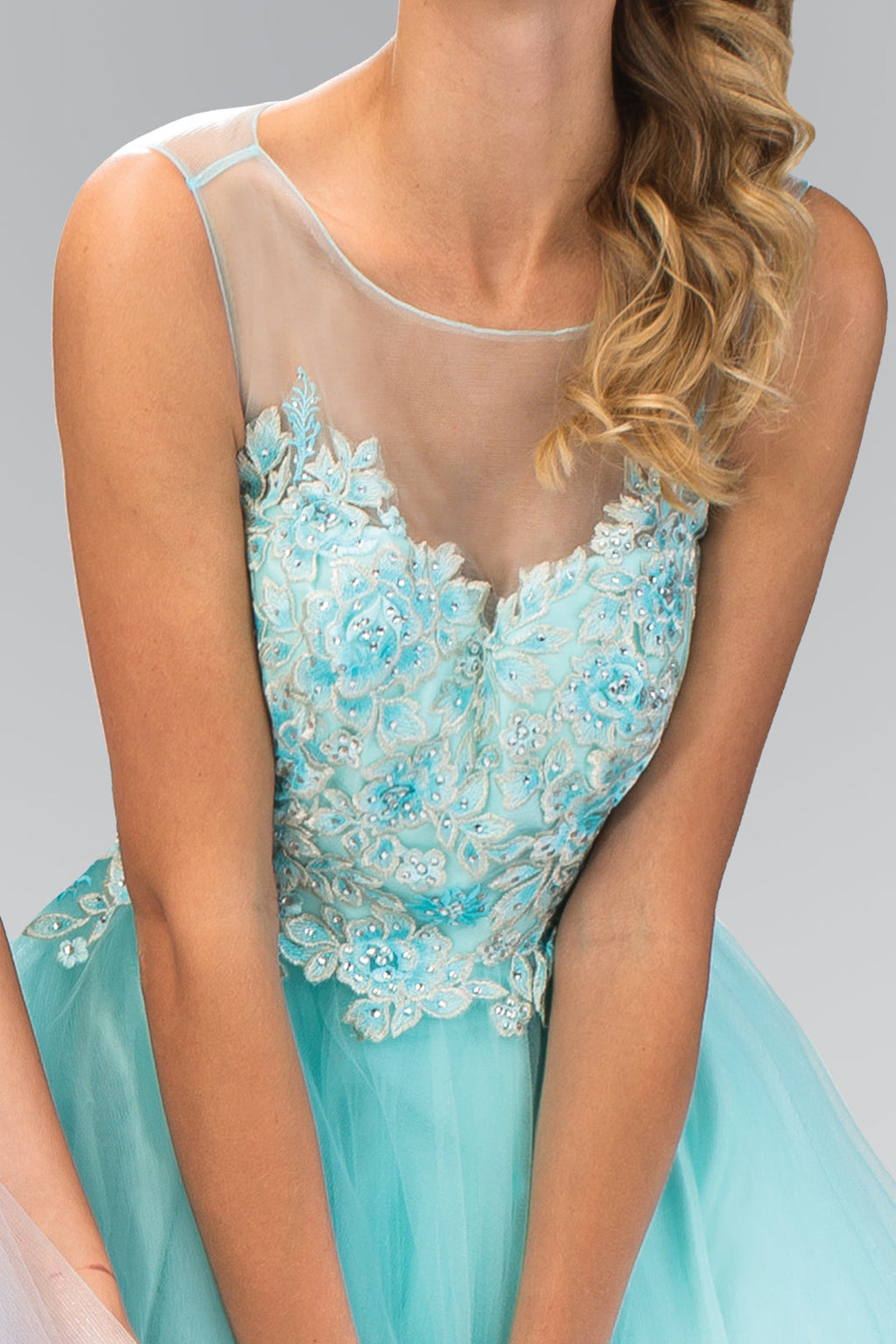 Rolled Hem Tulle Short Dress with Floral Lace Embellished Bodice-3