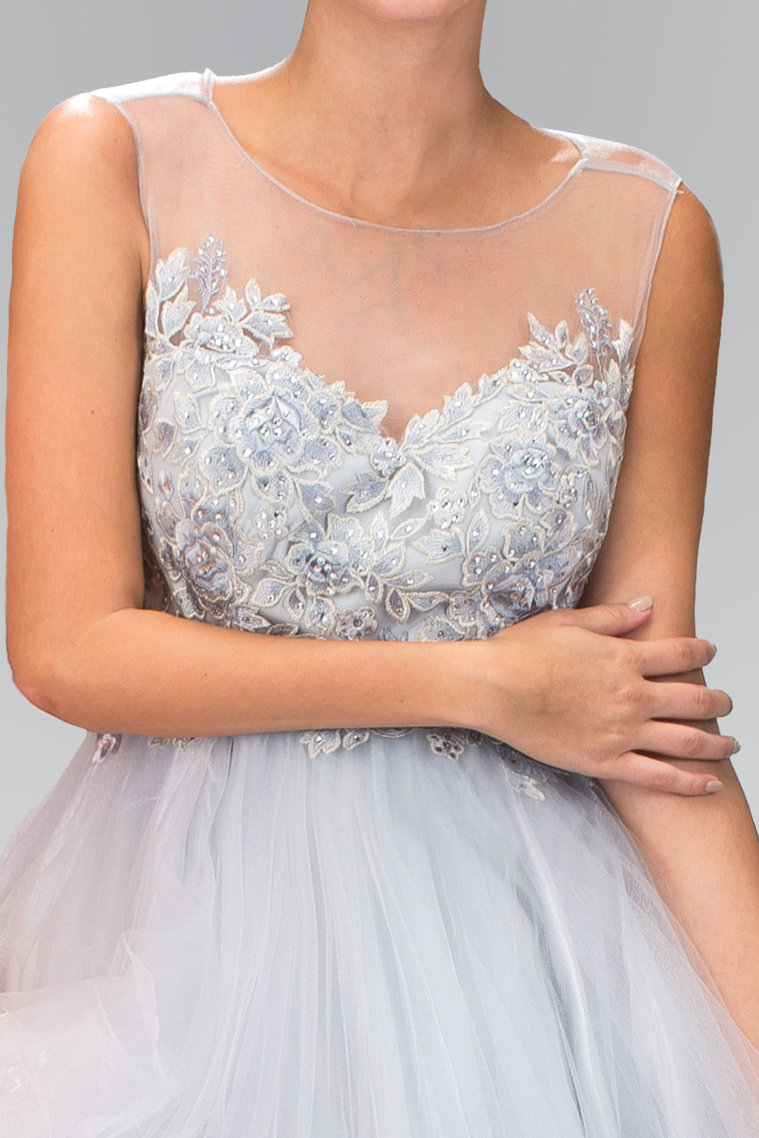 Rolled Hem Tulle Short Dress with Floral Lace Embellished Bodice-1