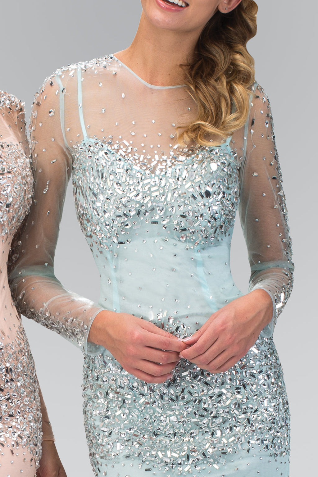Sheer Long Sleeve Bodycon Short Dress Accented with Jewel and Sequin-3
