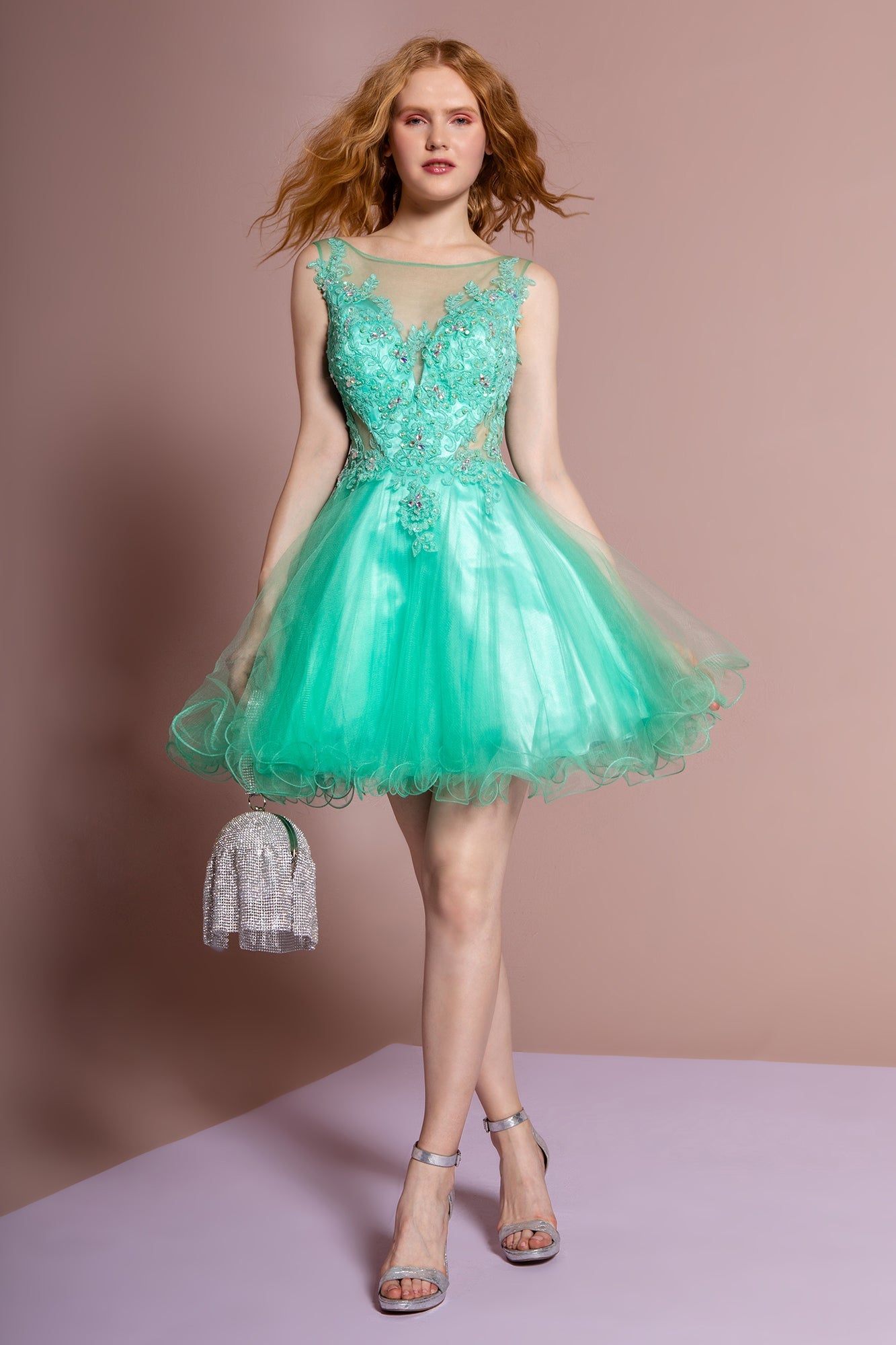 Rolled Hem Short Dress with Sheer Bodice-3