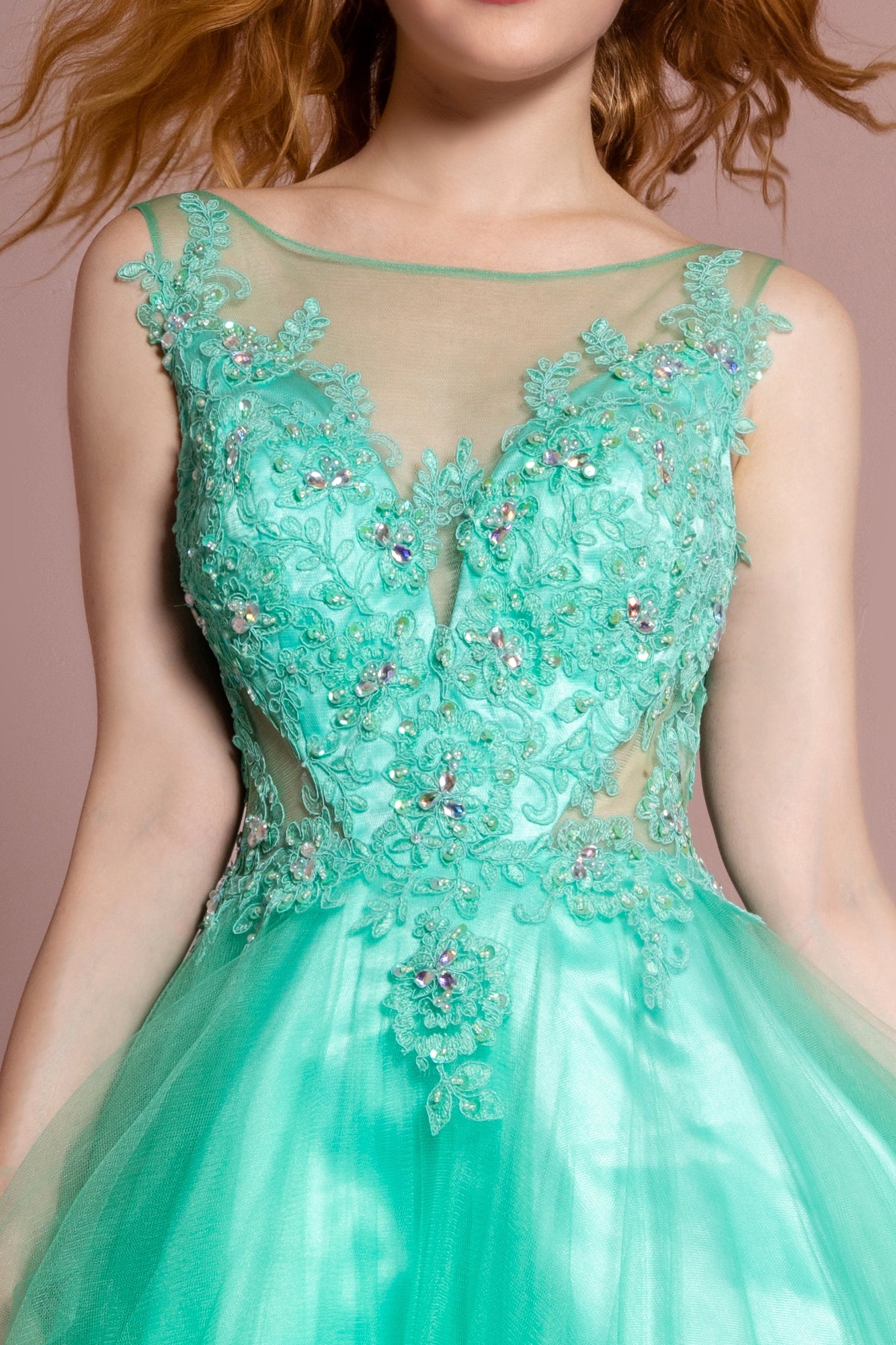 Rolled Hem Short Dress with Sheer Bodice-4