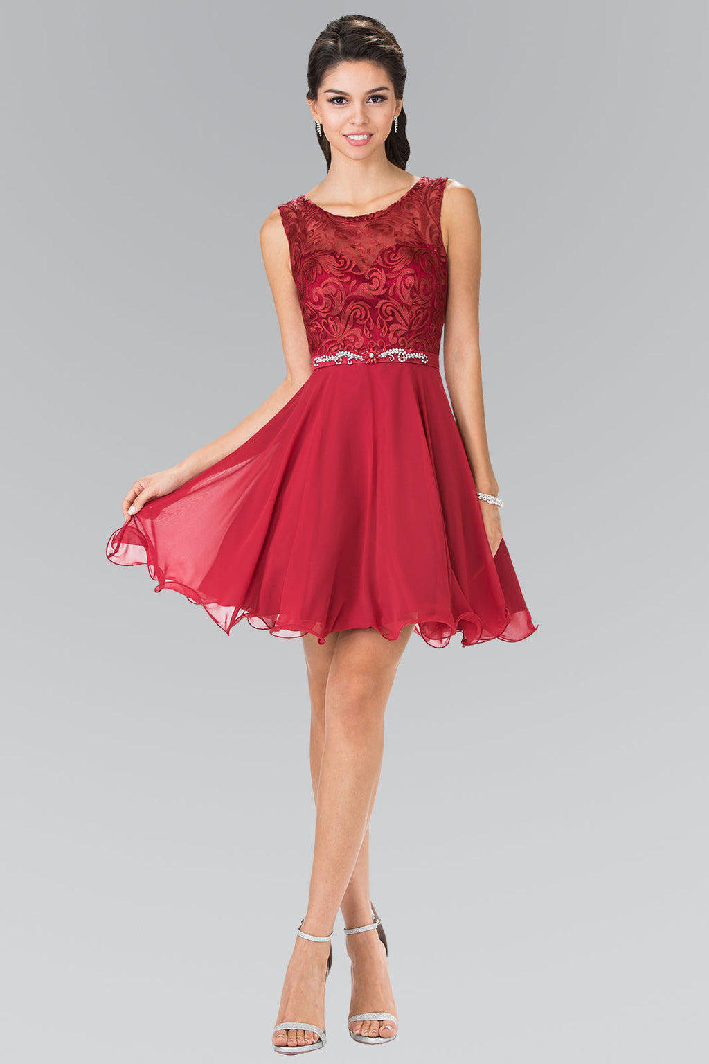 Lace Bodice A-Line Short Dress w/ Jeweled Waist Band-0