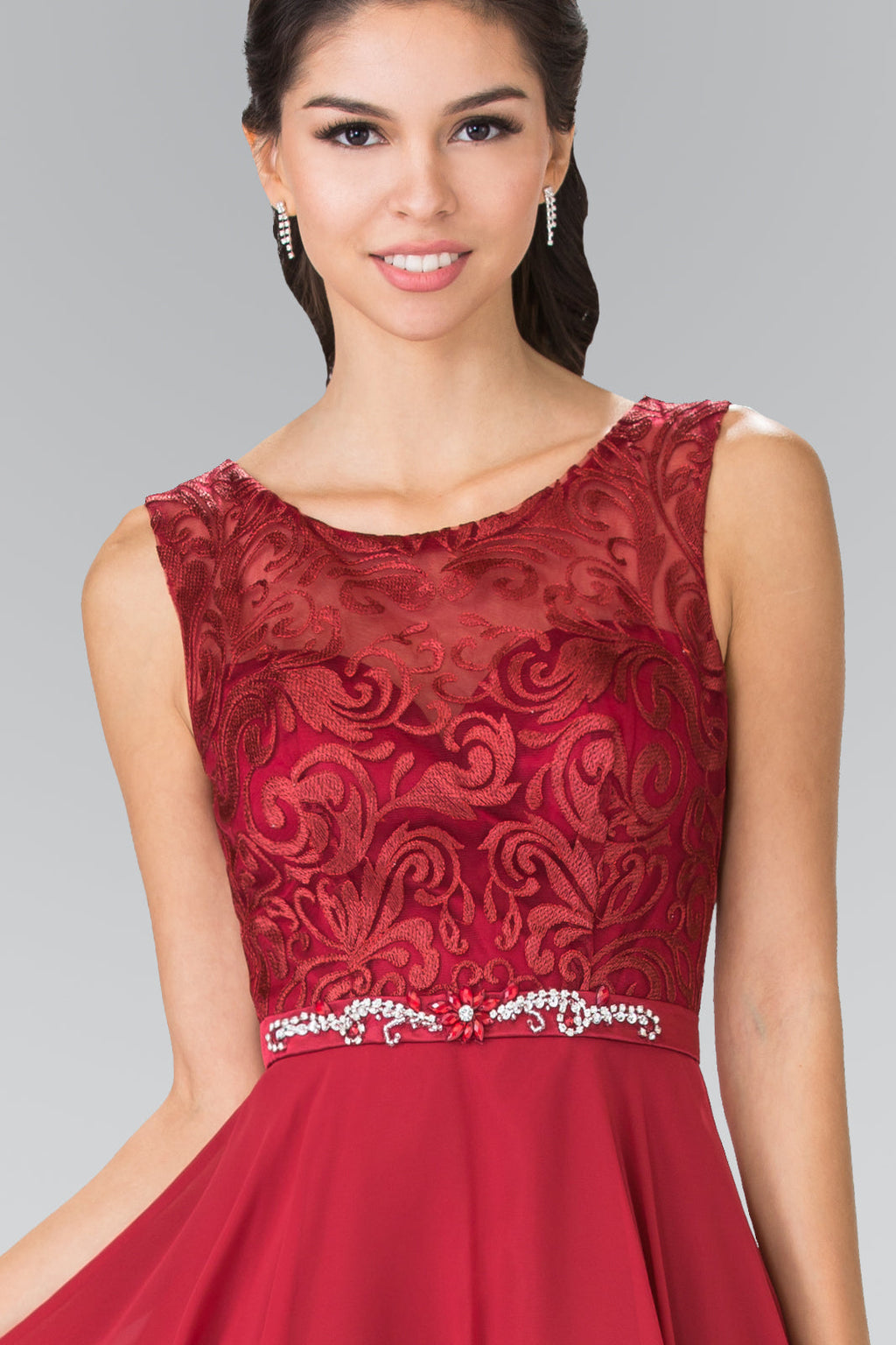Lace Bodice A-Line Short Dress w/ Jeweled Waist Band-2
