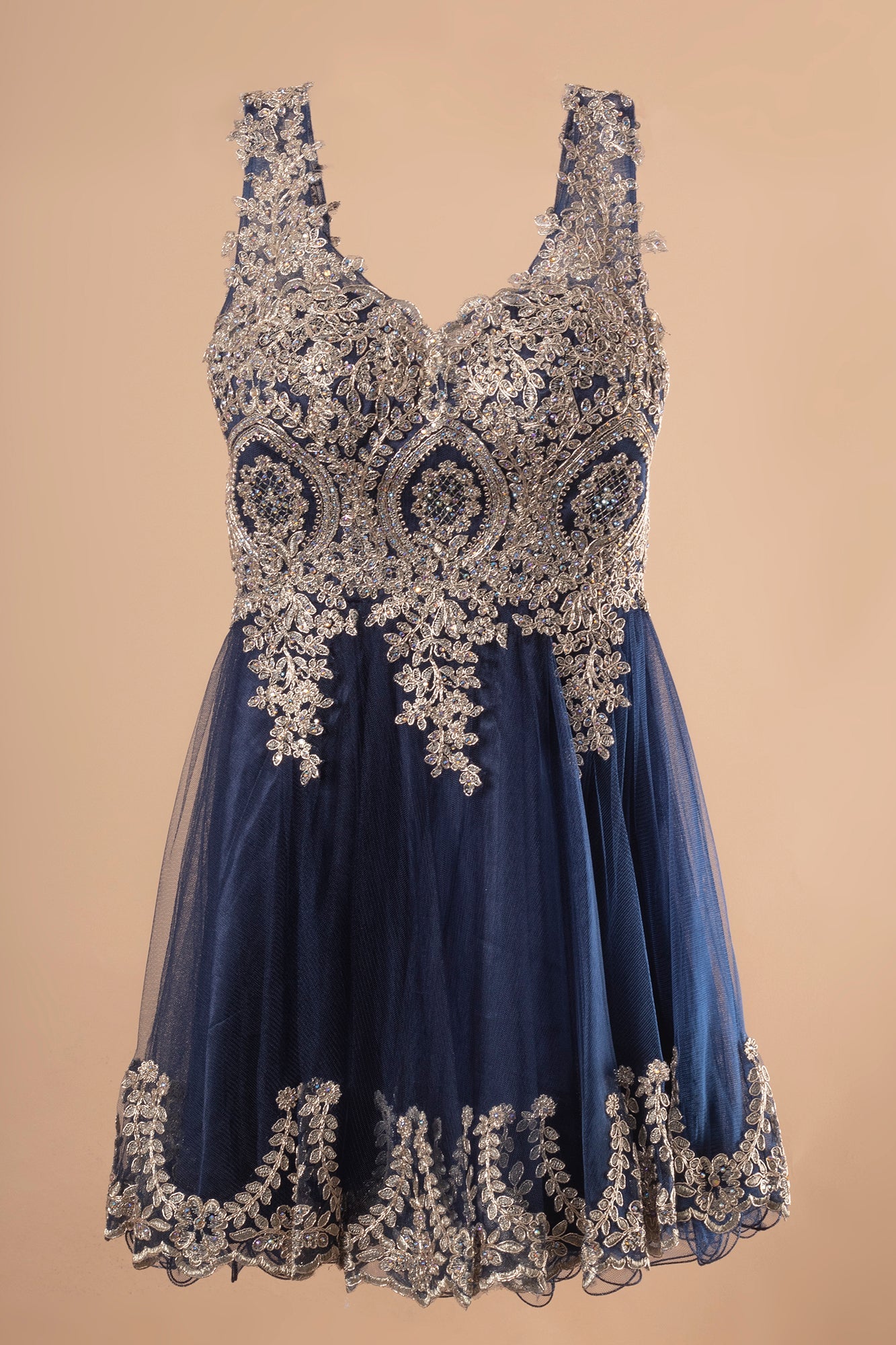 Tulle Short Dress Accented with Gold Lace-6