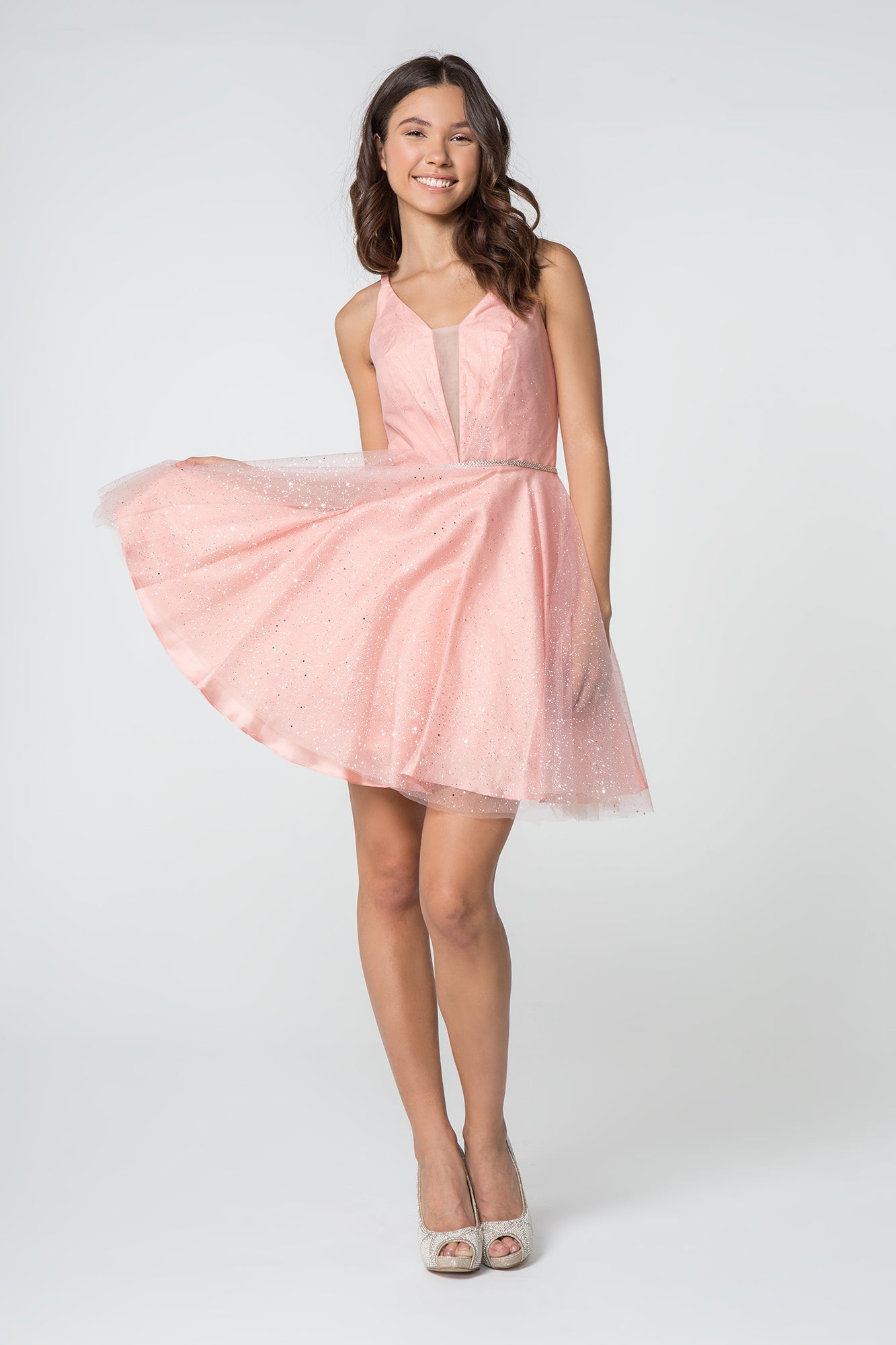 Illusion Deep V-Neck Glitter Mesh Short Dress w/ U-Back-0