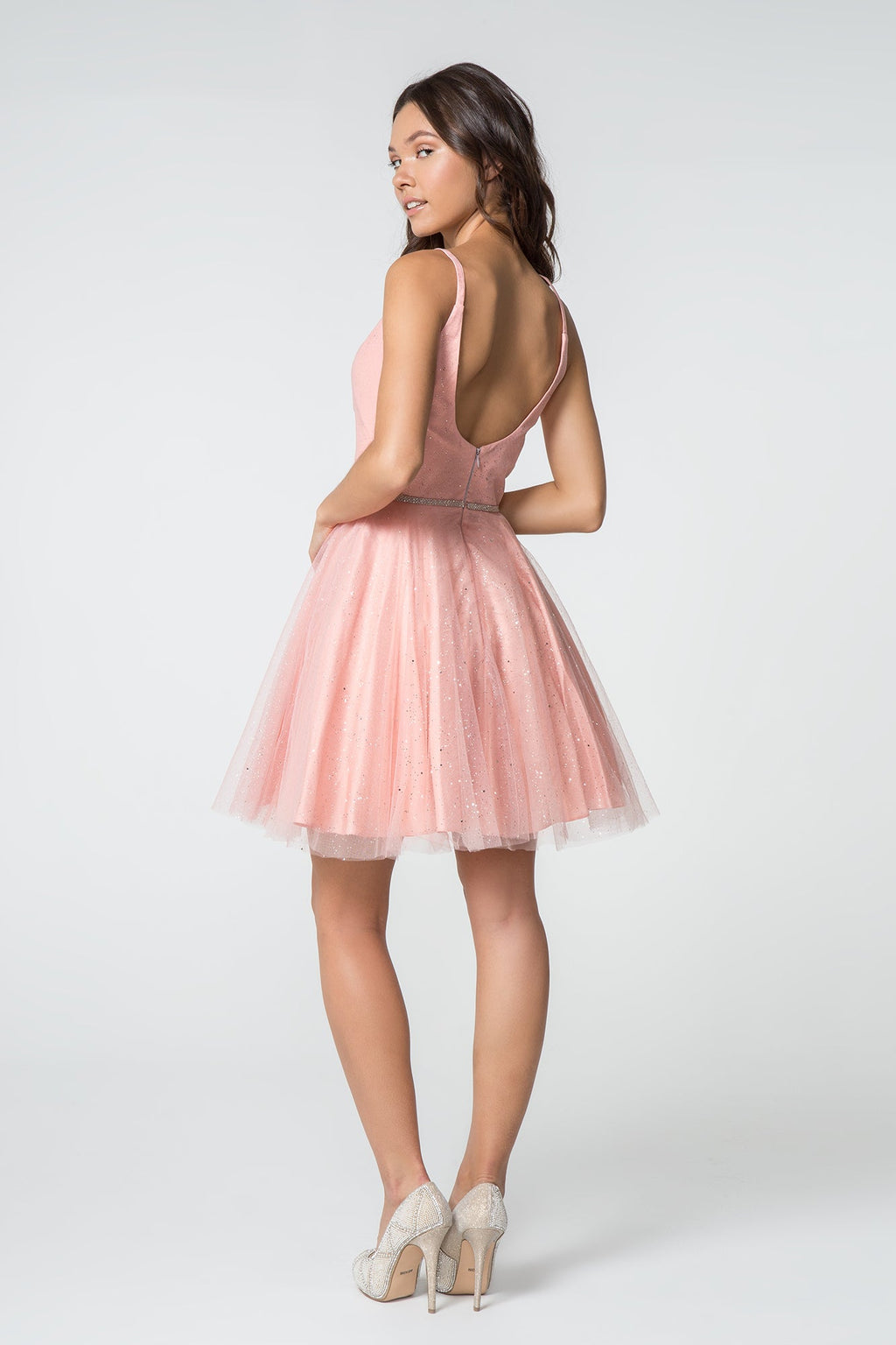 Illusion Deep V-Neck Glitter Mesh Short Dress w/ U-Back-1