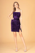 Straight Across Neckline Velvet Bodycon Short Dress w/ Leg Slit-0