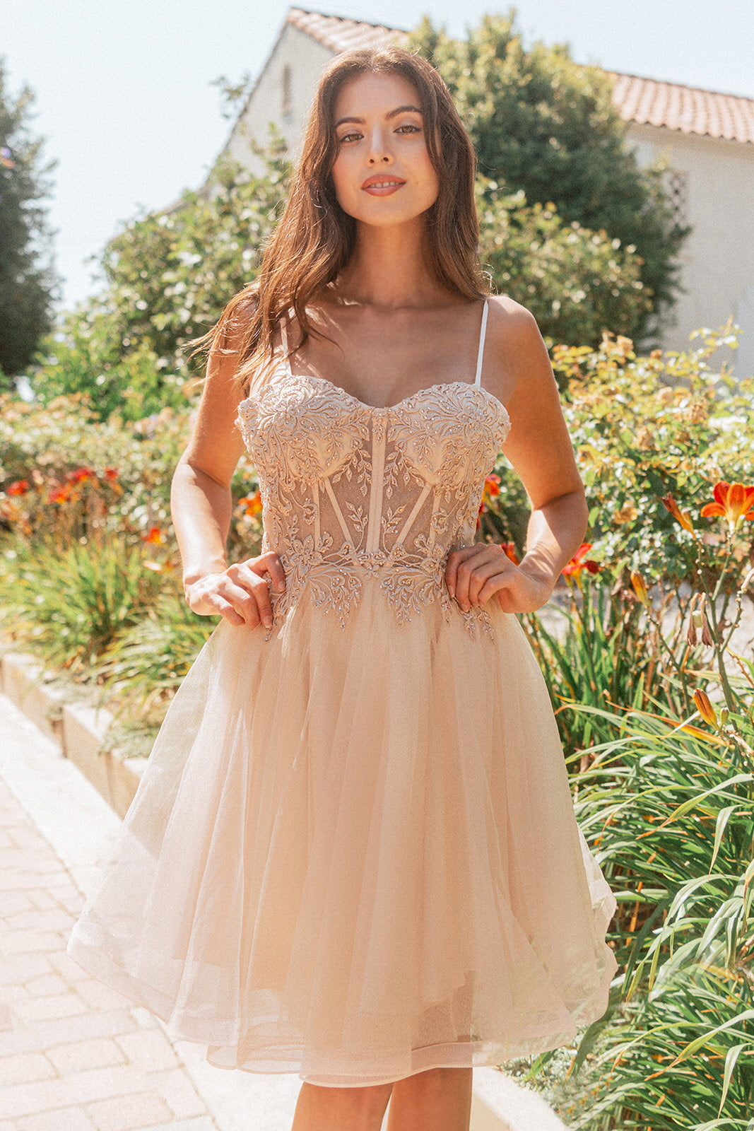 Floral Embroidery Embellished Glitter Mesh Sweetheart Neckline A-Line Homecoming Dress-5