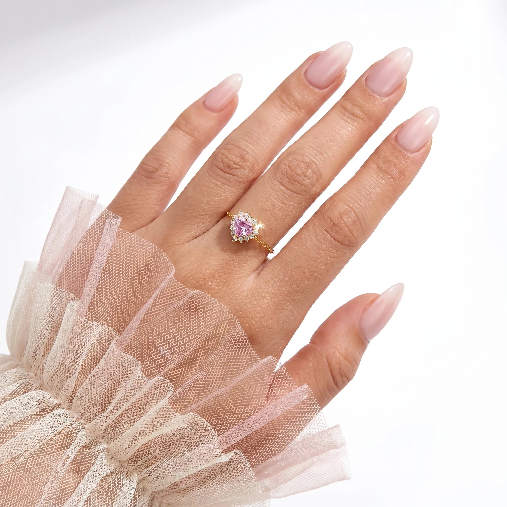 Pink Heart AAAA Zirconia Adjustable Ring in 925 Sterling Silver Macro Close Up