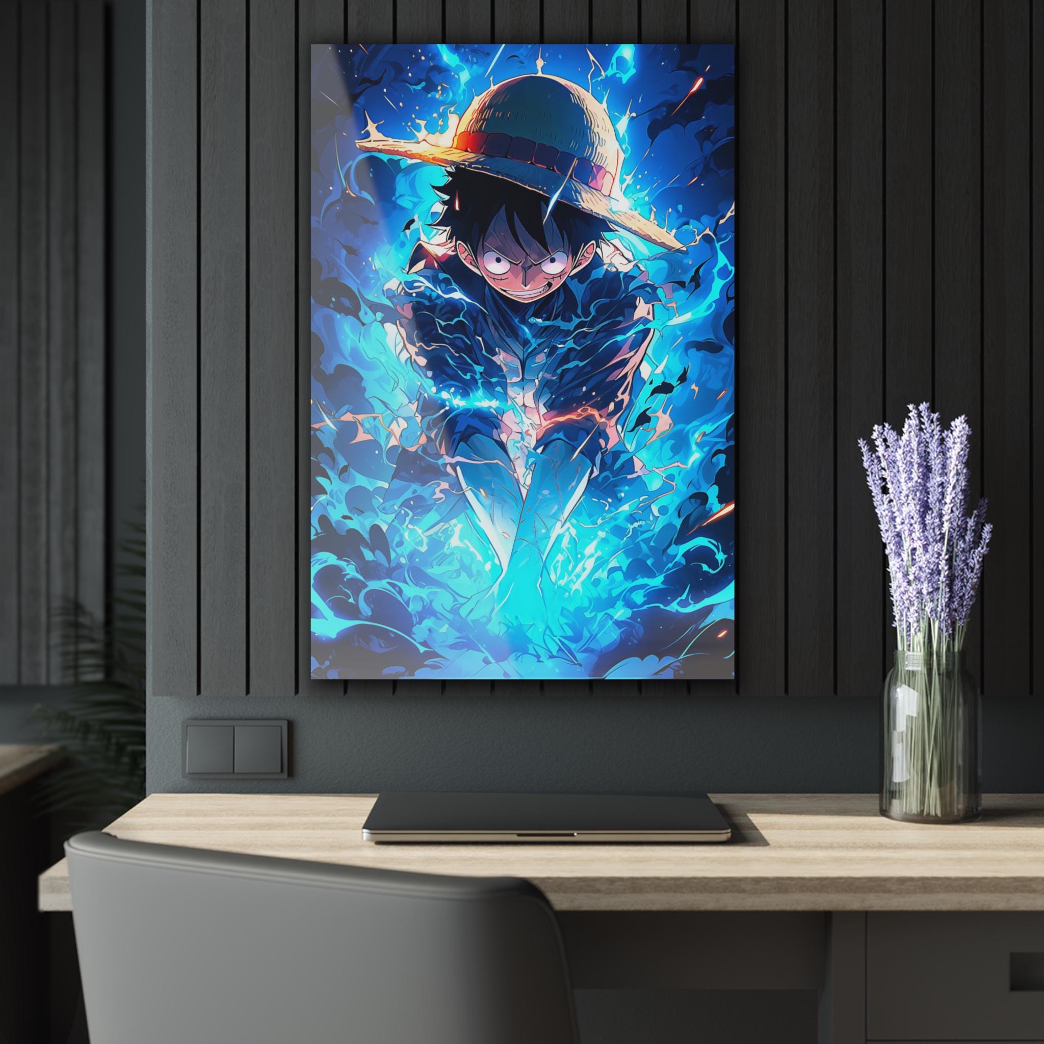 ColorFlow | Electric Blue Pirate Warrior Anime Metal Wall Art | Storm Energy Manga Artwork for Modern Room Decor-1