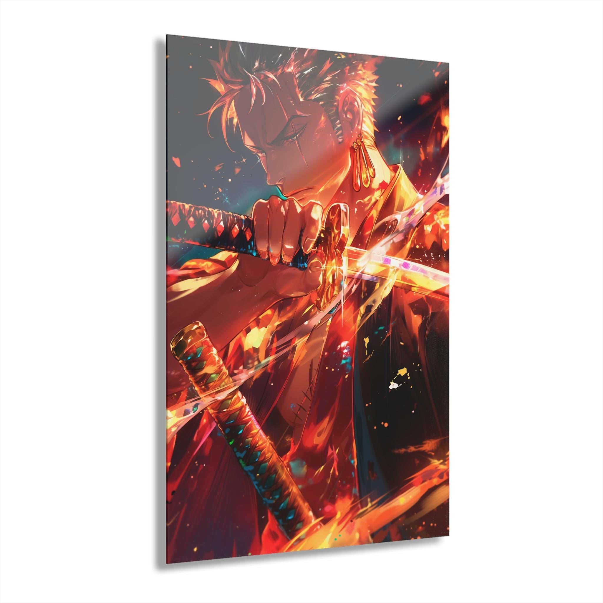 ColorFlow | Flame Edge Swordsman Anime Metal Wall Art | Blazing Katana Manga Inspired Decor-0