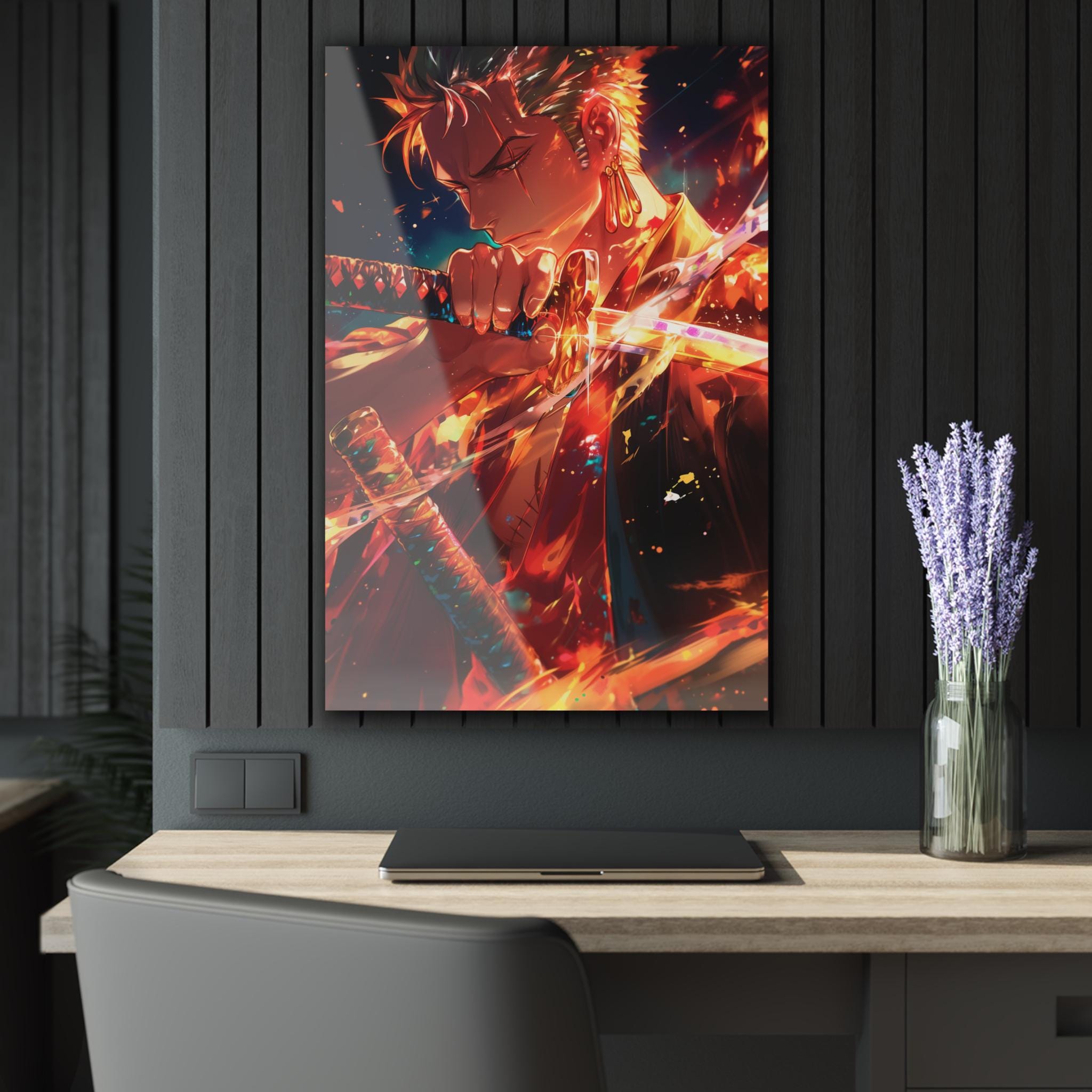 ColorFlow | Flame Edge Swordsman Anime Metal Wall Art | Blazing Katana Manga Inspired Decor-1