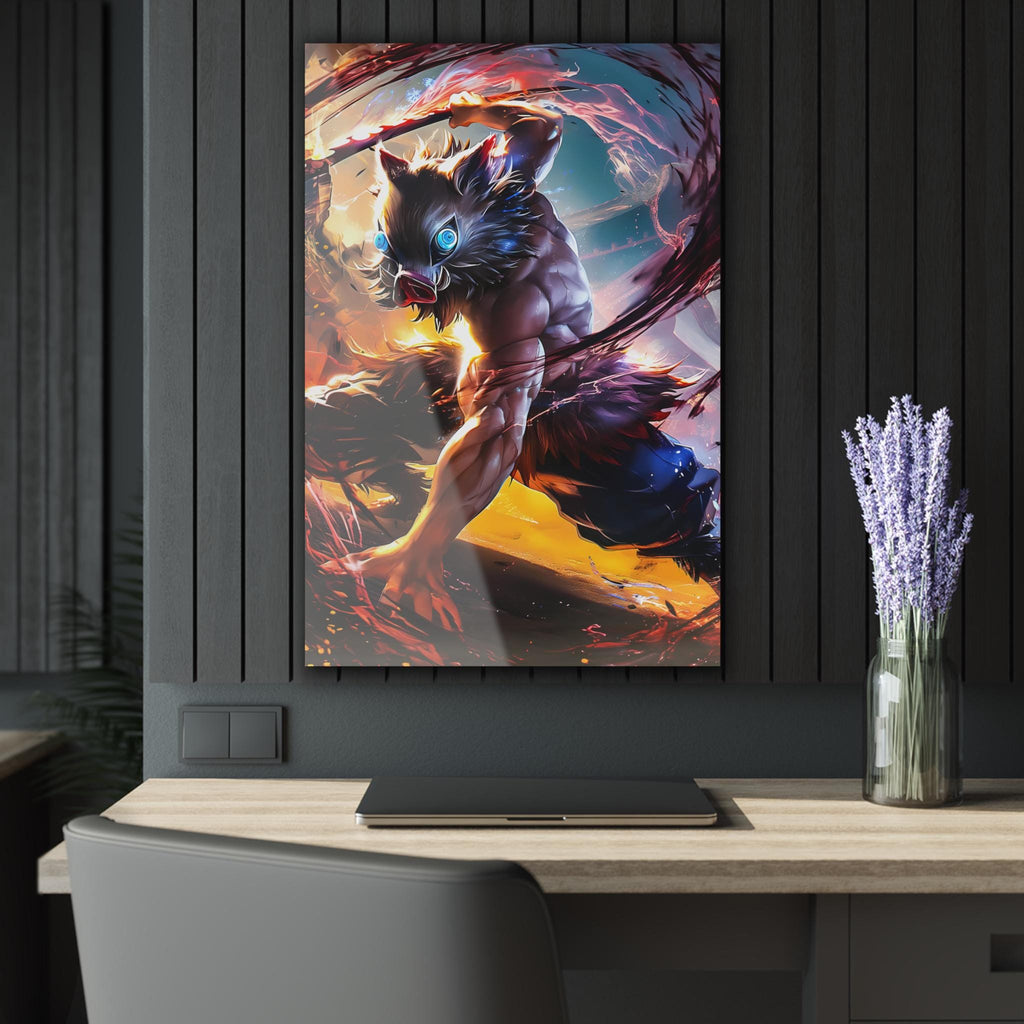 ColorFlow | Beast Mask Dual Blade Fighter Anime Metal Wall Art | Fierce Samurai Manga Decor-1