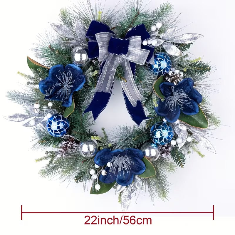Large Artificial Christmas Wreath with Blue Bow