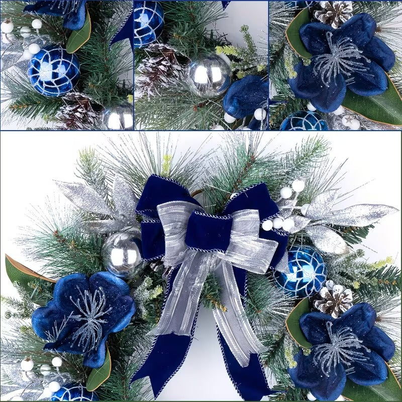 Large Artificial Christmas Wreath with Blue Bow