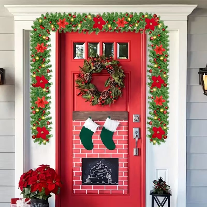 Lighted Christmas Wreath with Red Poinsettia