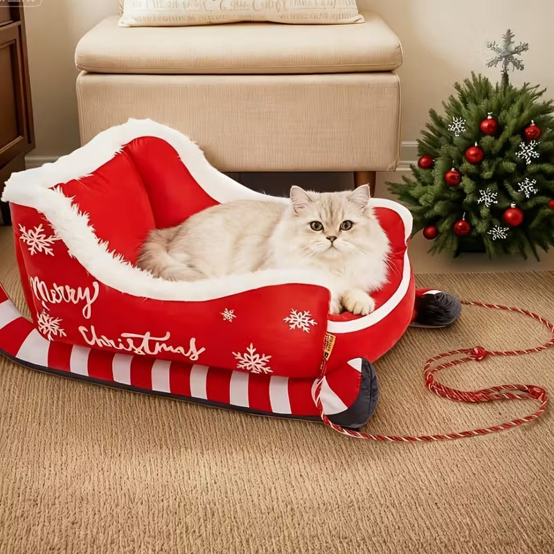 Holiday Christmas Plush Sled Dog Bed Red