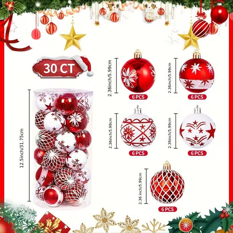 Red White Christmas Balls Ornaments Set (30pcs)
