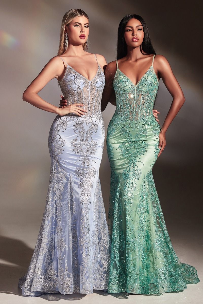 Fitted Floral Glitter Print Corset Gown-10