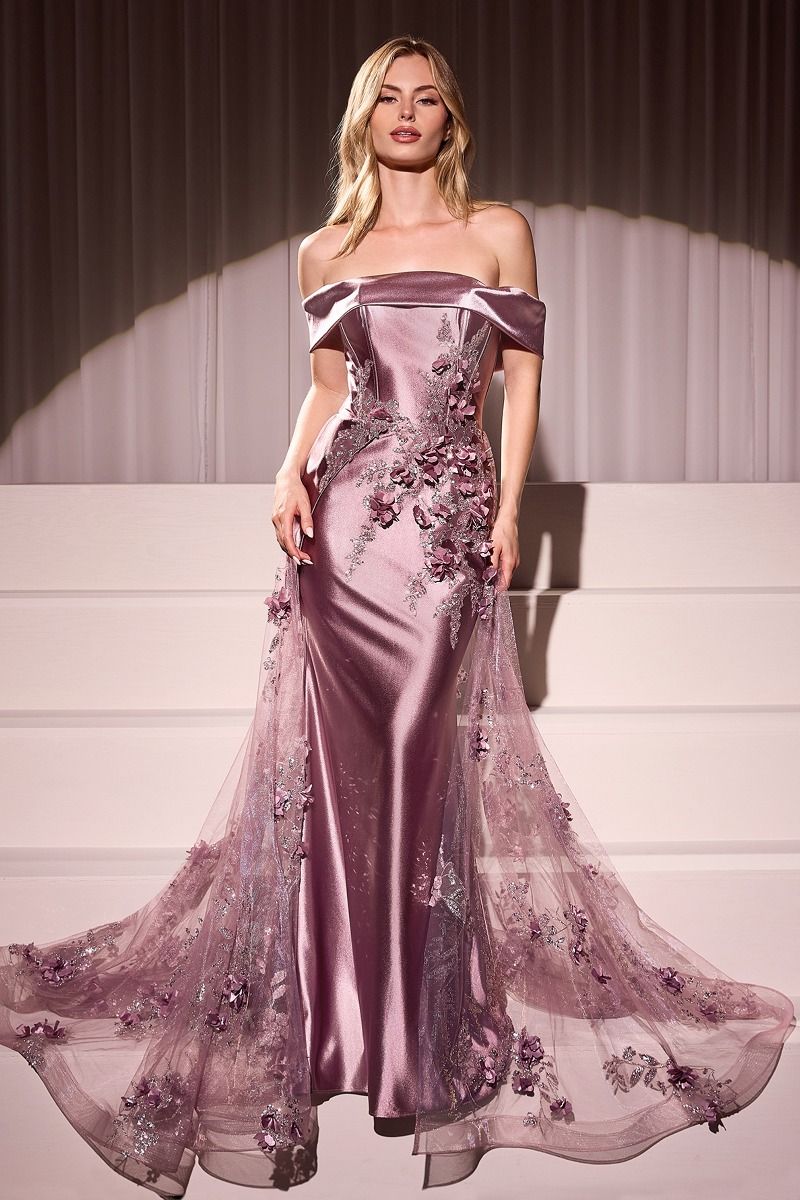 Embellished Satin Fitted Gown With Tulle Overskirt-1