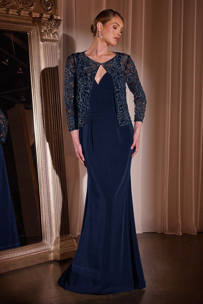 Plus Size Fit and Flare Crepe Evening Gown with Crystal Floral Jacket-3