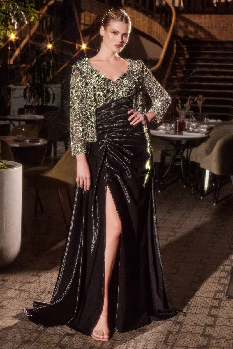 Fit and Flare Taffeta Evening Gown with Crystal Floral Jacket-0