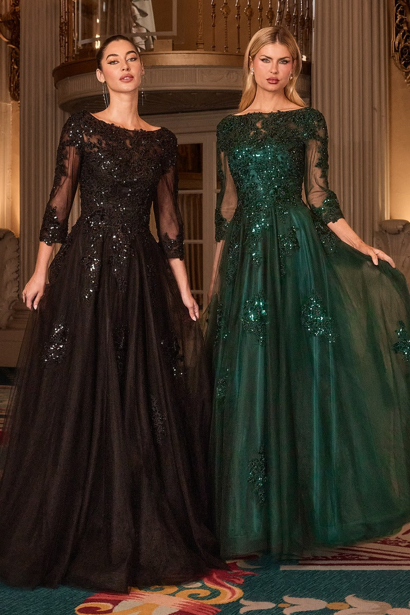 Elegant Lace & Tulle High Neck Ball Gown With Three-Quarter Sleeves - Mother Of The Bride Formal Dress-4