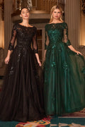 Elegant Lace & Tulle High Neck Ball Gown With Three-Quarter Sleeves - Mother Of The Bride Formal Dress-4