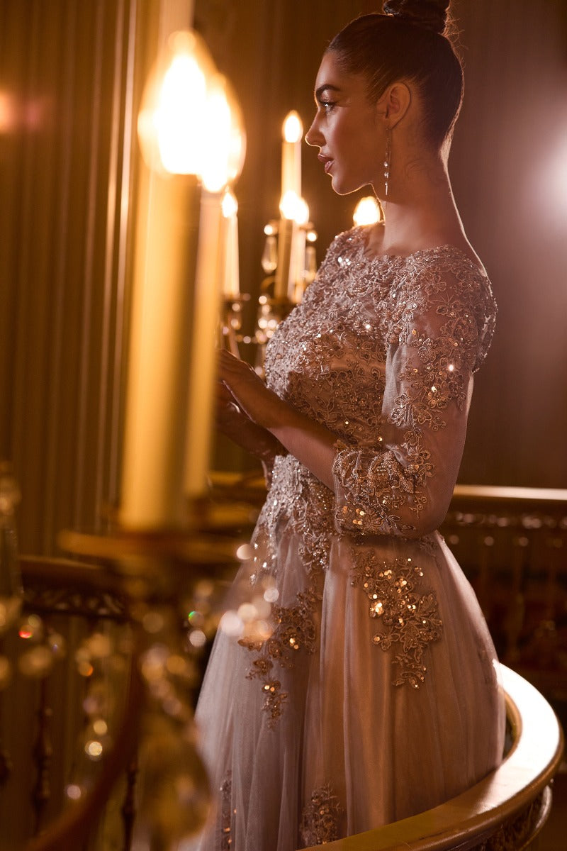 Elegant Lace & Tulle High Neck Ball Gown With Three-Quarter Sleeves - Mother Of The Bride Formal Dress-3